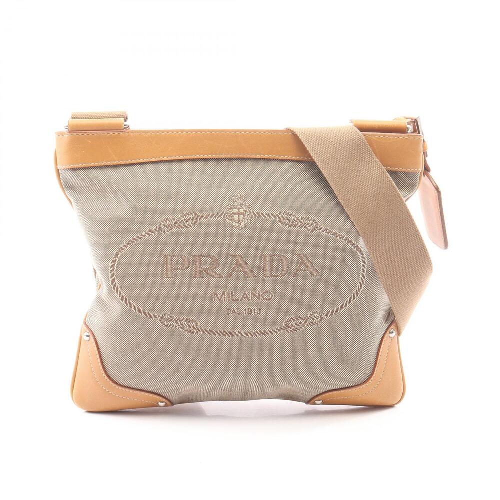Prada Jacquard Canvas Leather Shoulder Bag Beige Brown Tan